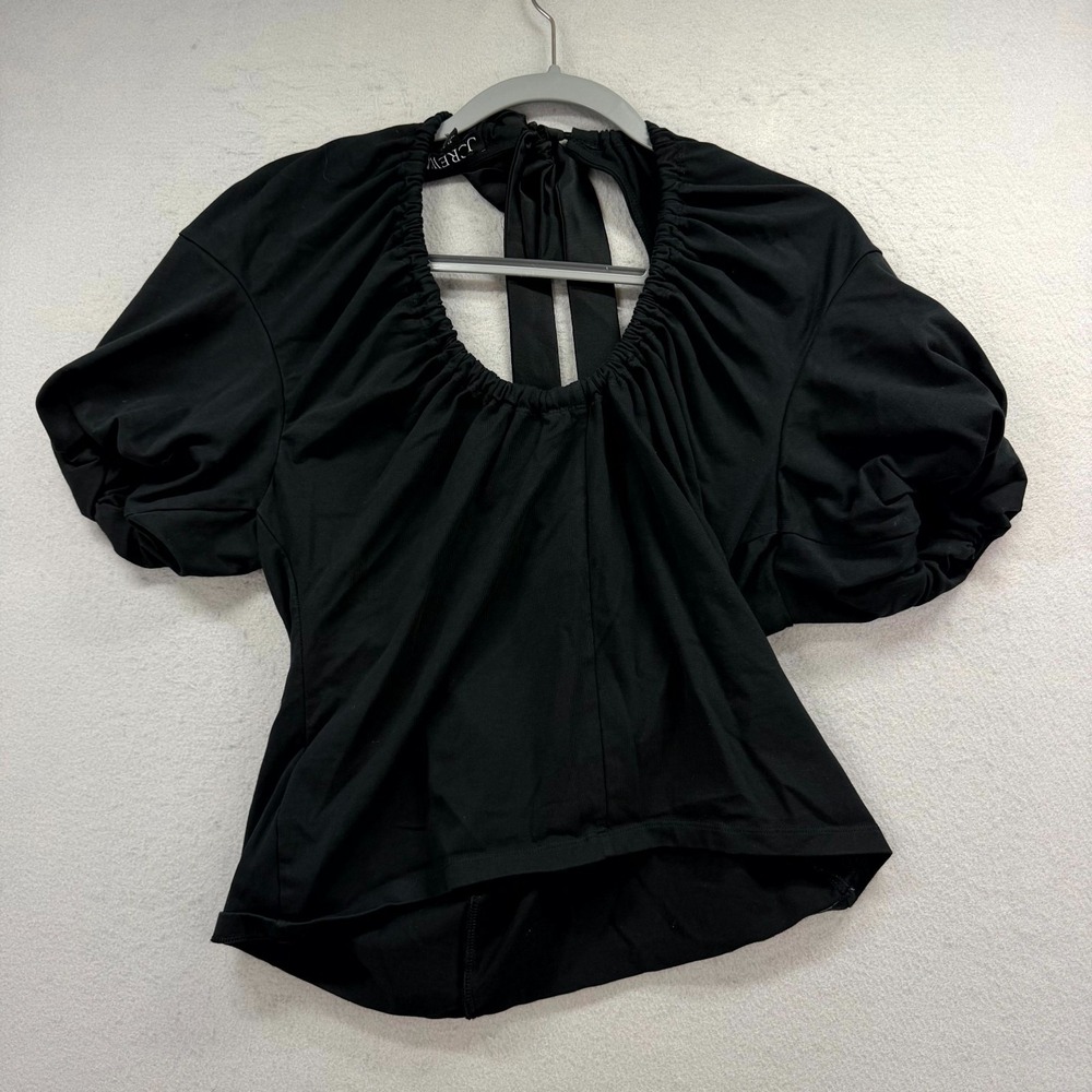 J.CREW Blouse Top Women's XL Black Puff Sleeve Gathered Neck Keyhole Tie Back